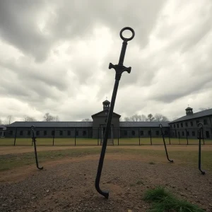 A representation of an empty execution yard with cloudy skies