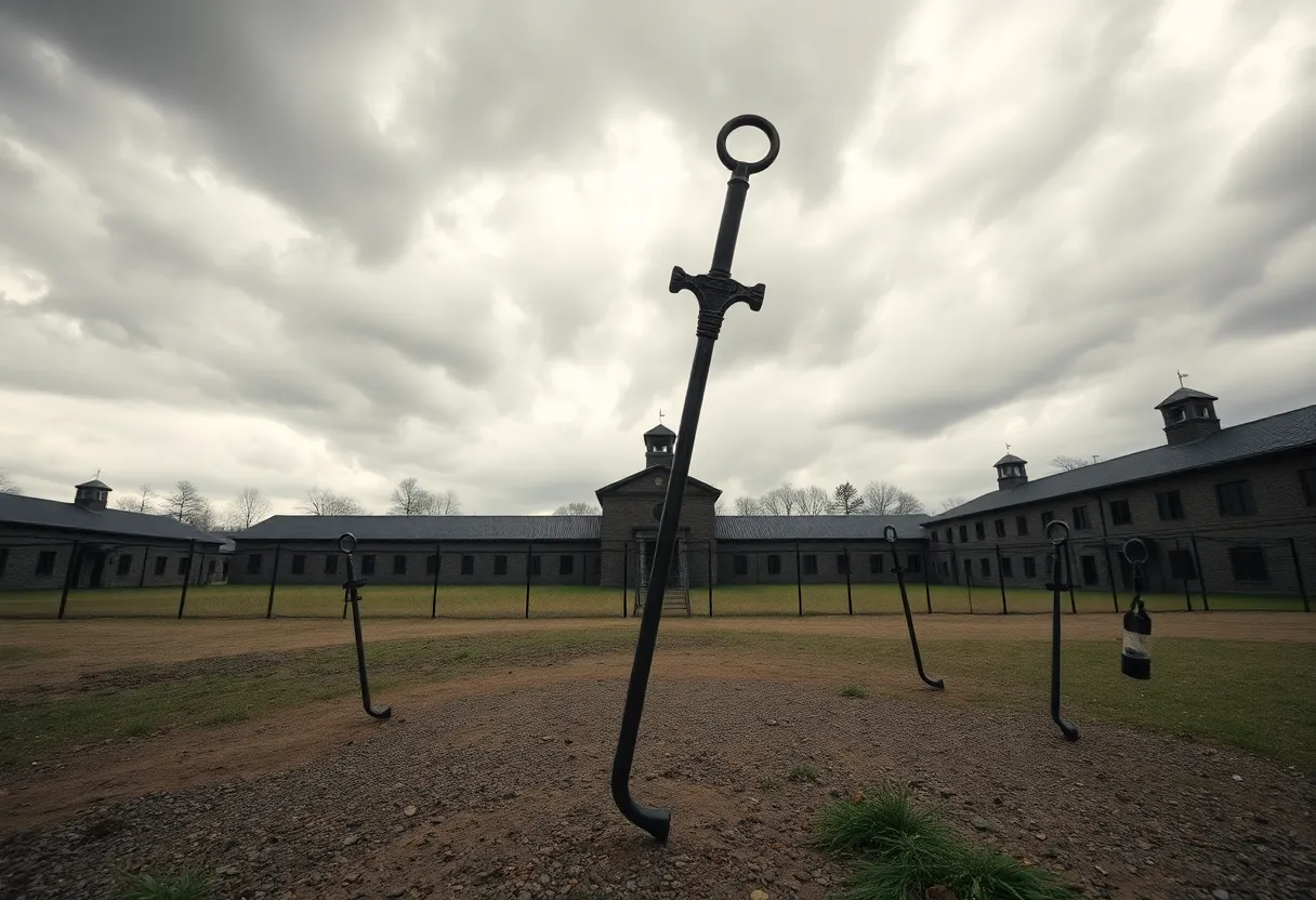 A representation of an empty execution yard with cloudy skies