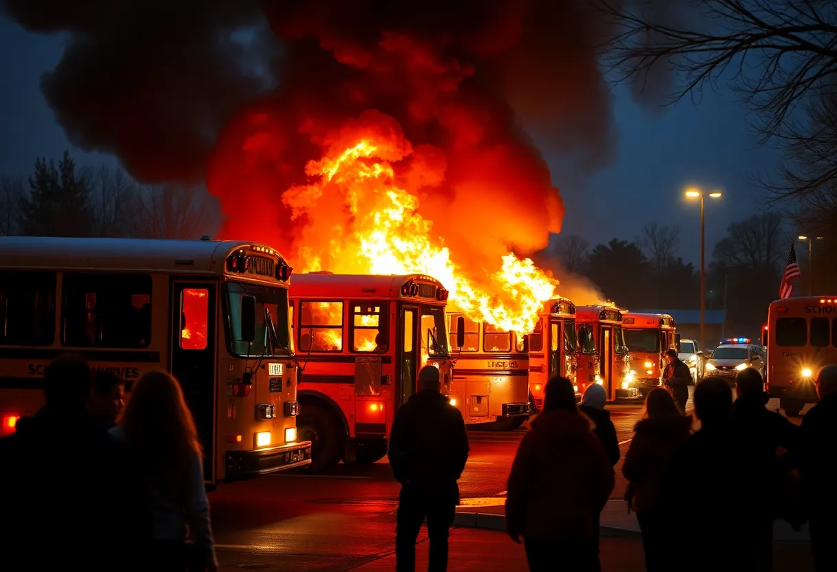 Firefighters extinguishing flames on school buses at Legacy Charter School