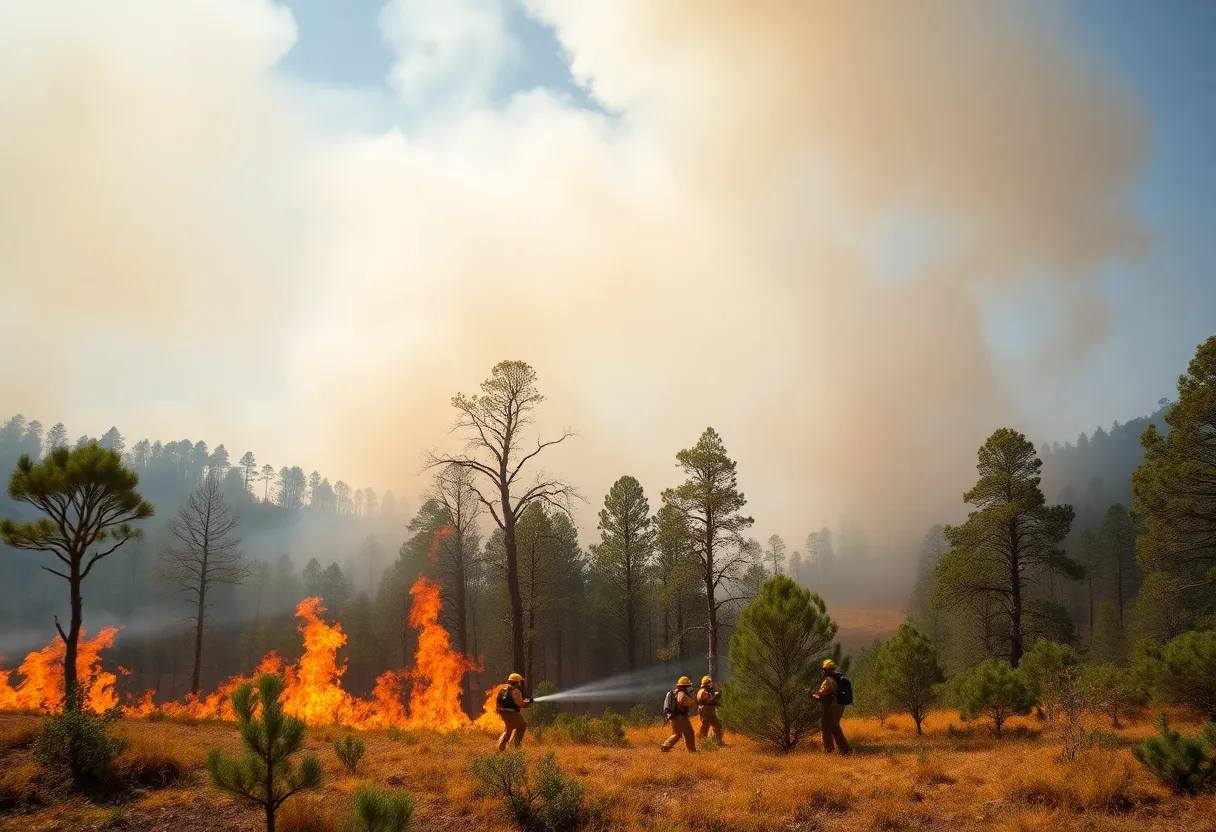 Firefighters combating the Silver Fire near ancient trees