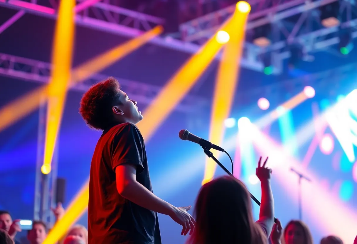 Freddie McClendon performing on stage at a music festival.