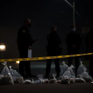 Law enforcement officers investigating drug trafficking scene