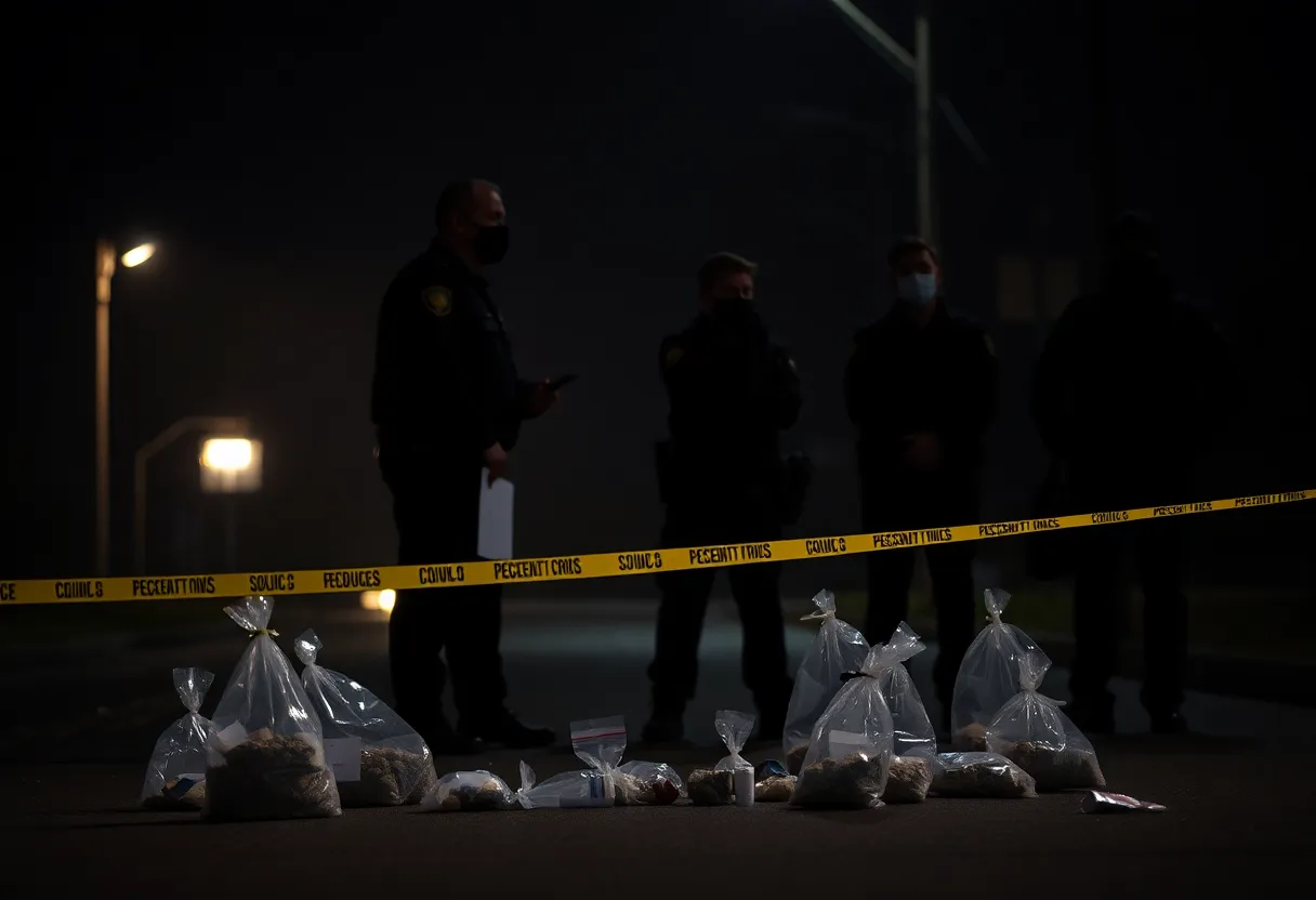 Law enforcement officers investigating drug trafficking scene