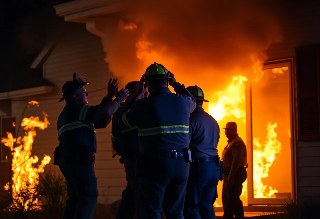 Firefighters and deputies rescuing a man from a house fire in Greenwood, SC.
