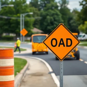 Construction workers paving a city road in Greenwood