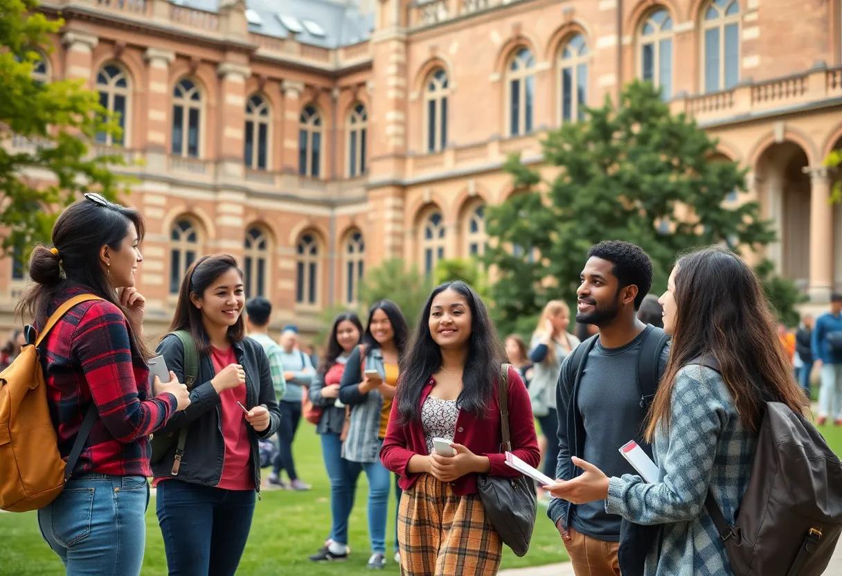 Students discussing on Harvard University's campus
