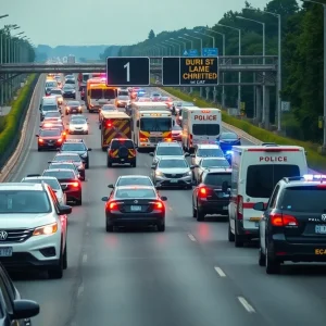 Traffic backed up on I-85 with emergency responders at the scene.