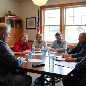 Council members in a meeting discussing local governance issues.