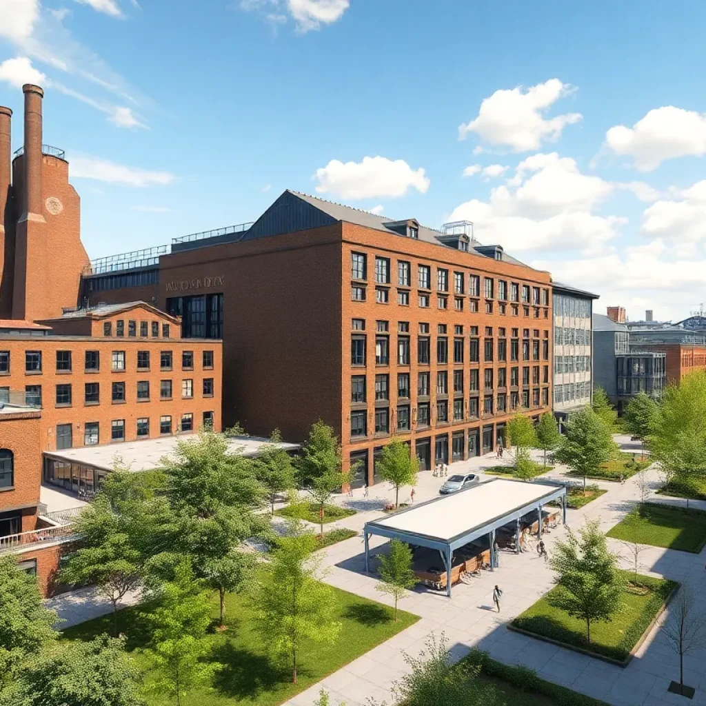 Conceptual visualization of the Kitson Mill redevelopment project featuring modern buildings alongside historic structures.