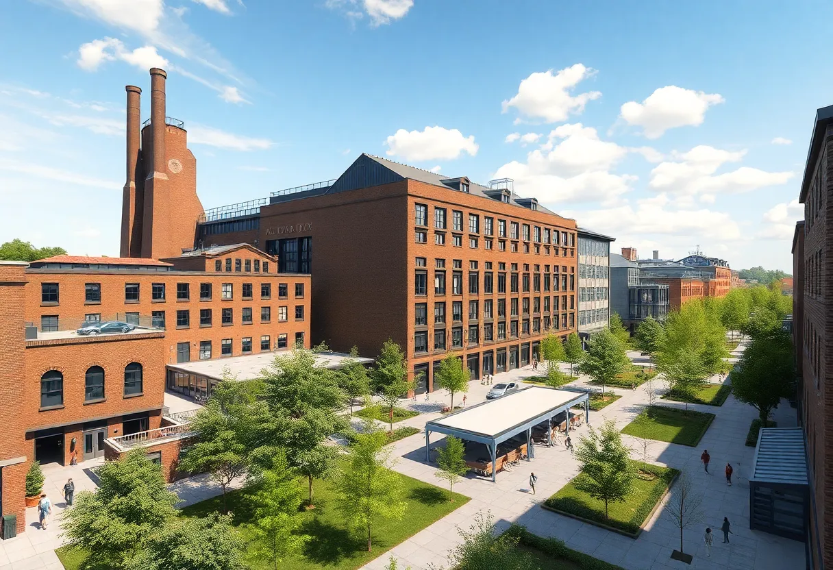 Conceptual visualization of the Kitson Mill redevelopment project featuring modern buildings alongside historic structures.