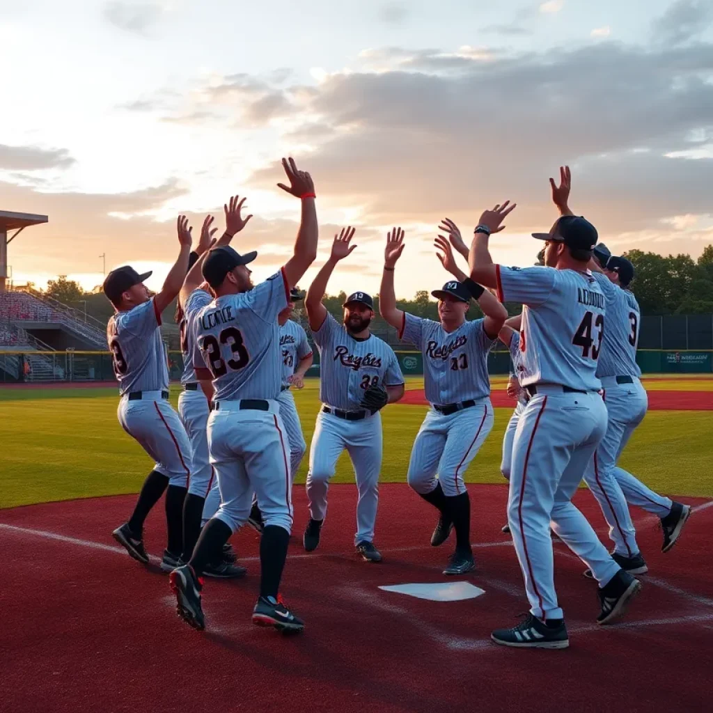 Lander University baseball team celebrating a win