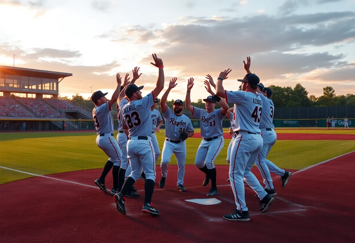 Lander University baseball team celebrating a win