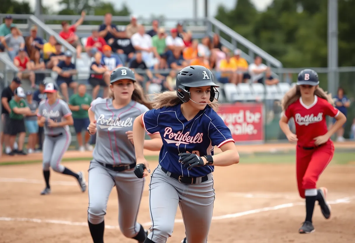 Softball players from Lander University playing during a game