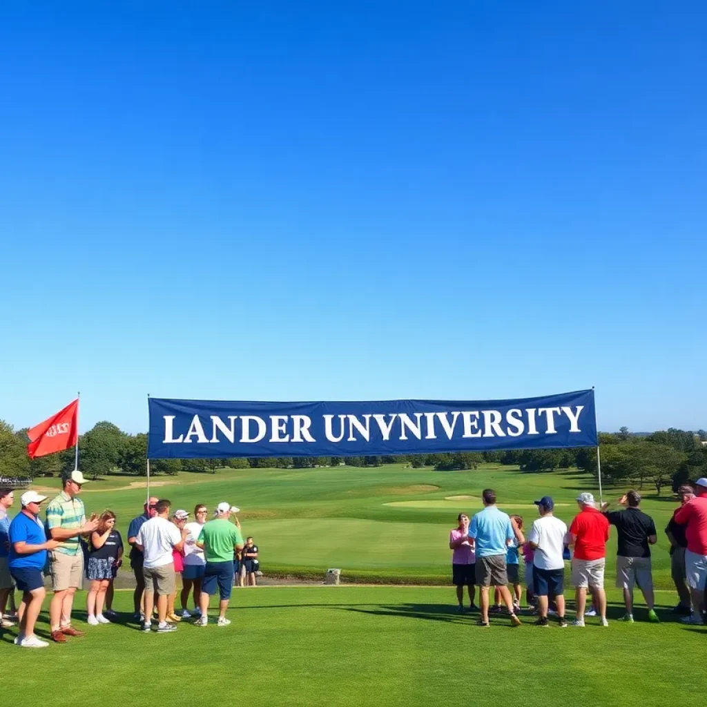 Lander University women's golf team celebrating their championship win at Forest Hills Golf Club