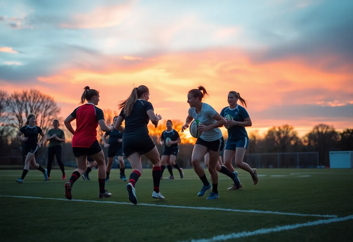 Women athletes practicing rugby at Lander University