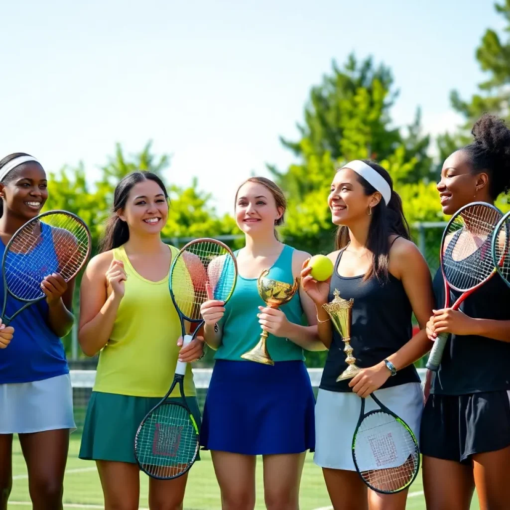 Lander University women's tennis team celebrating their achievements outdoors.