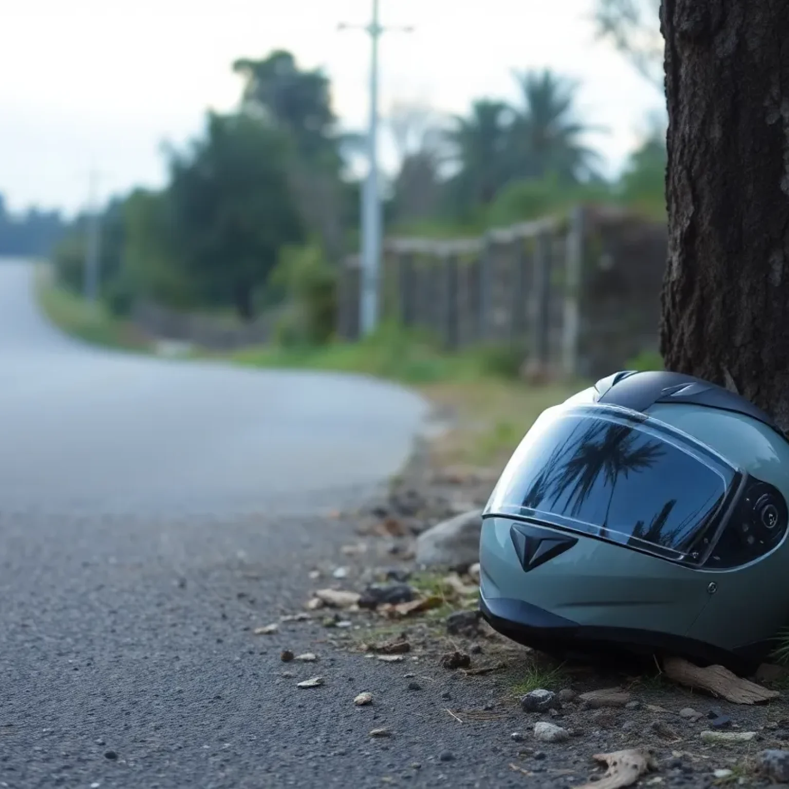 A motorcycle helmet on the roadside near a tree, representing a tragic motorcycle accident