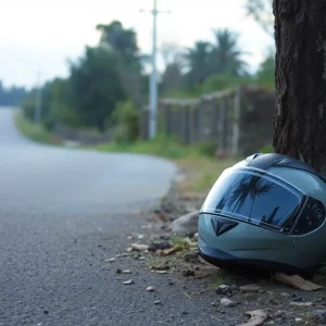 A motorcycle helmet on the roadside near a tree, representing a tragic motorcycle accident