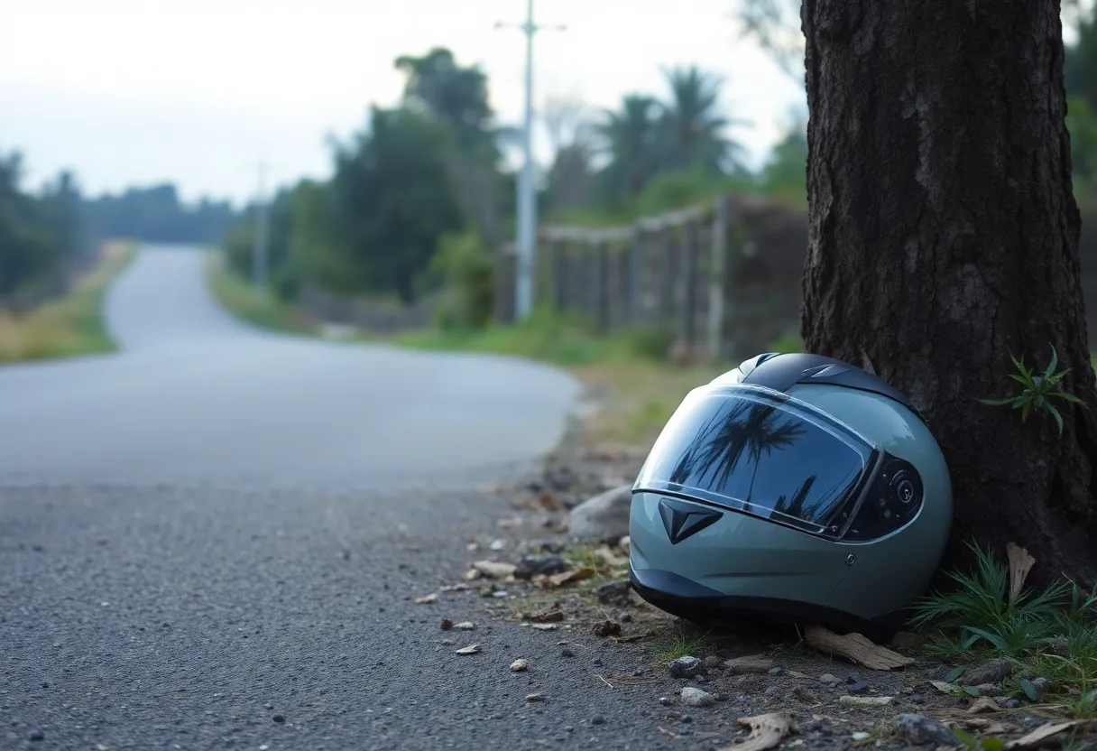 A motorcycle helmet on the roadside near a tree, representing a tragic motorcycle accident