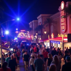 Police lights in a busy tourist area after a shooting incident