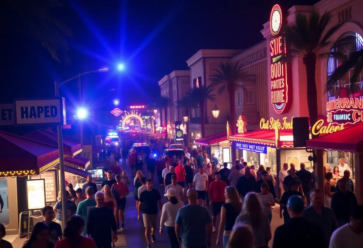 Police lights in a busy tourist area after a shooting incident
