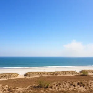 A scenic view of Myrtle Beach showing the aftermath of the wildfire, with cleared skies and distant smoke.