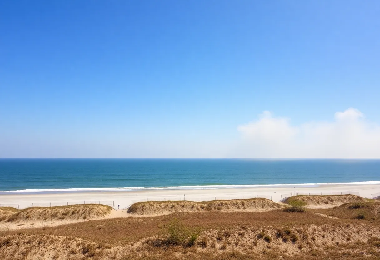 A scenic view of Myrtle Beach showing the aftermath of the wildfire, with cleared skies and distant smoke.