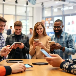 Diverse individuals enjoying personalized digital marketing experiences on devices.