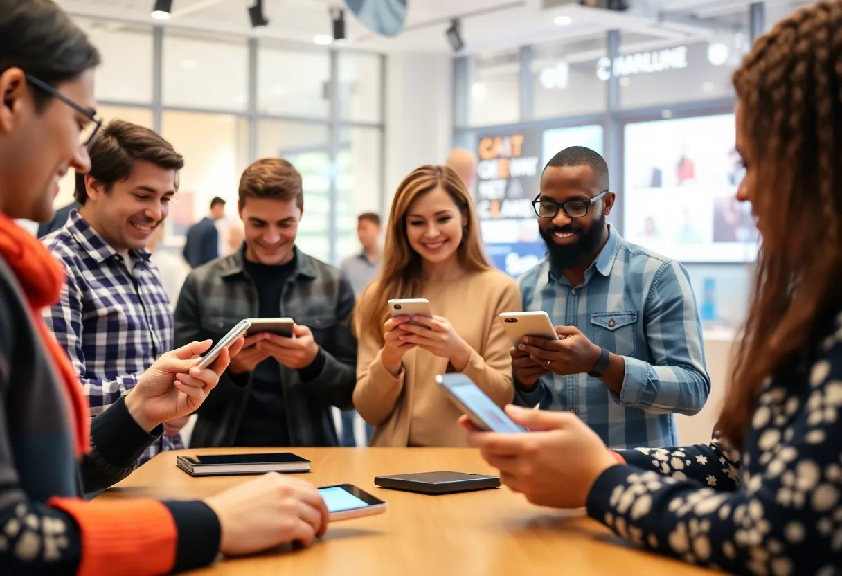 Diverse individuals enjoying personalized digital marketing experiences on devices.