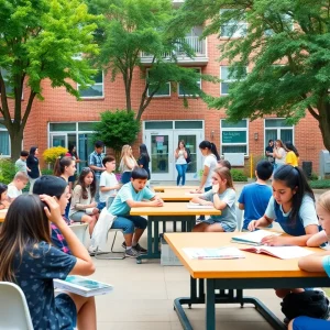 A view of Pinecrest Elementary School with students and nature