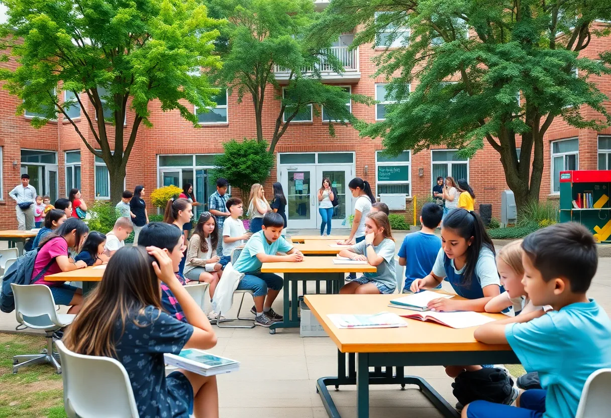 A view of Pinecrest Elementary School with students and nature