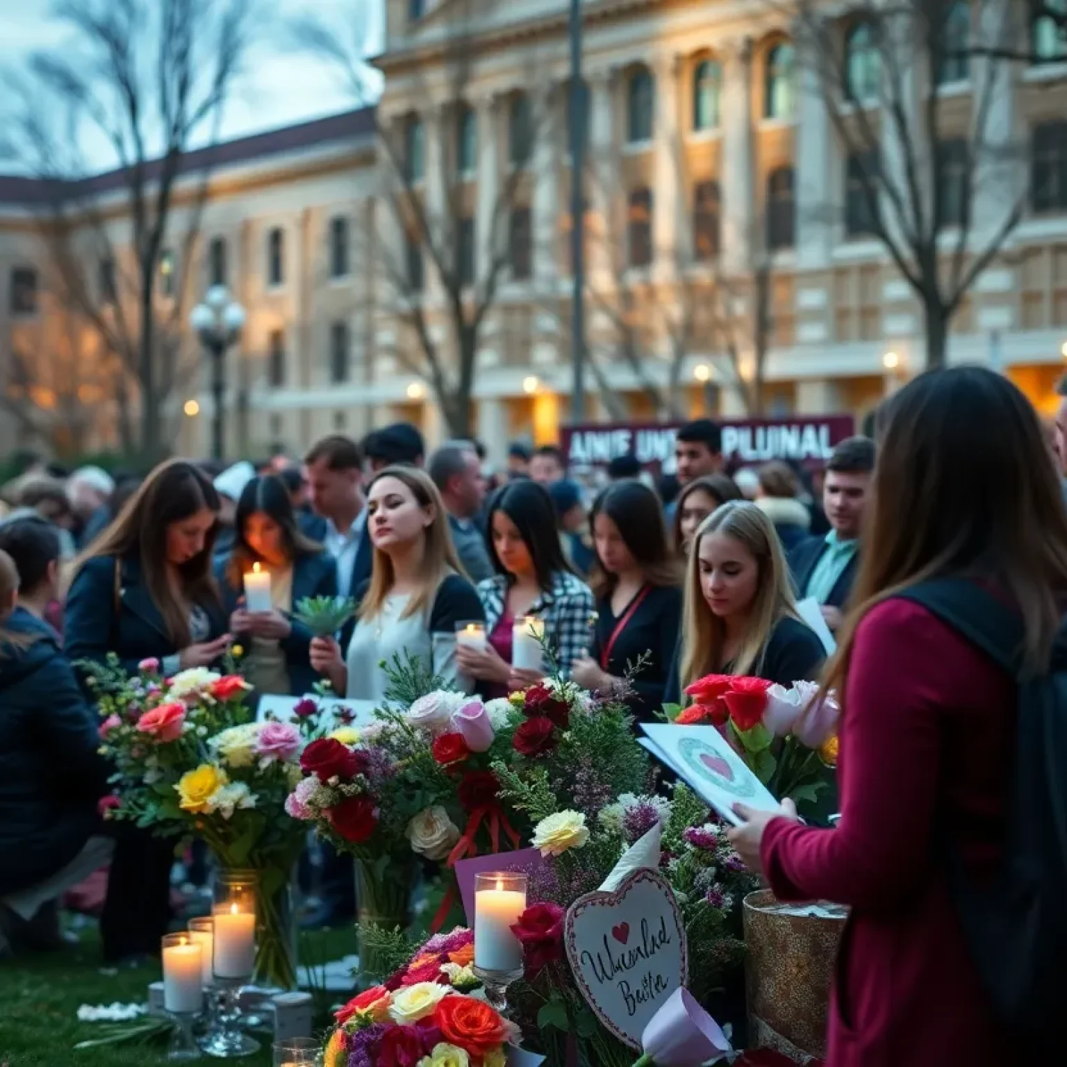 University students gather in remembrance of a lost peer, with flowers and candles.