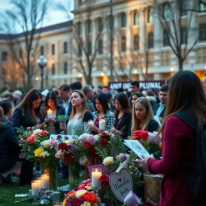 University students gather in remembrance of a lost peer, with flowers and candles.