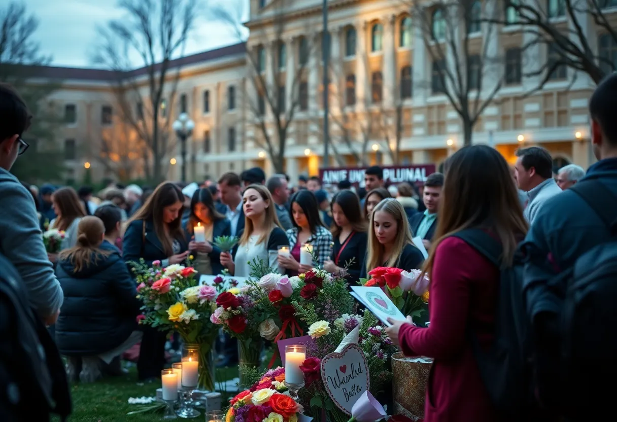 University students gather in remembrance of a lost peer, with flowers and candles.