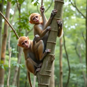 A playful group of Rhesus monkeys climbing trees in a forest