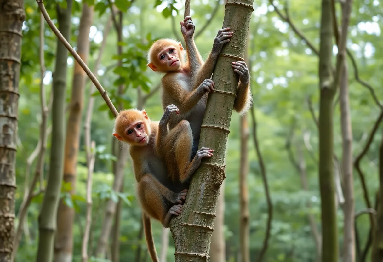 A playful group of Rhesus monkeys climbing trees in a forest