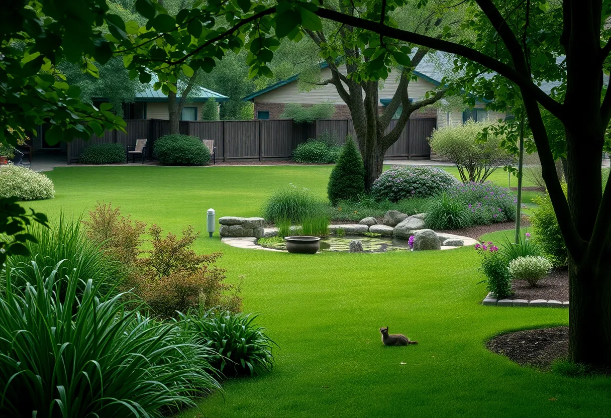 Peaceful backyard in a retirement community with hints of alligator warning signs