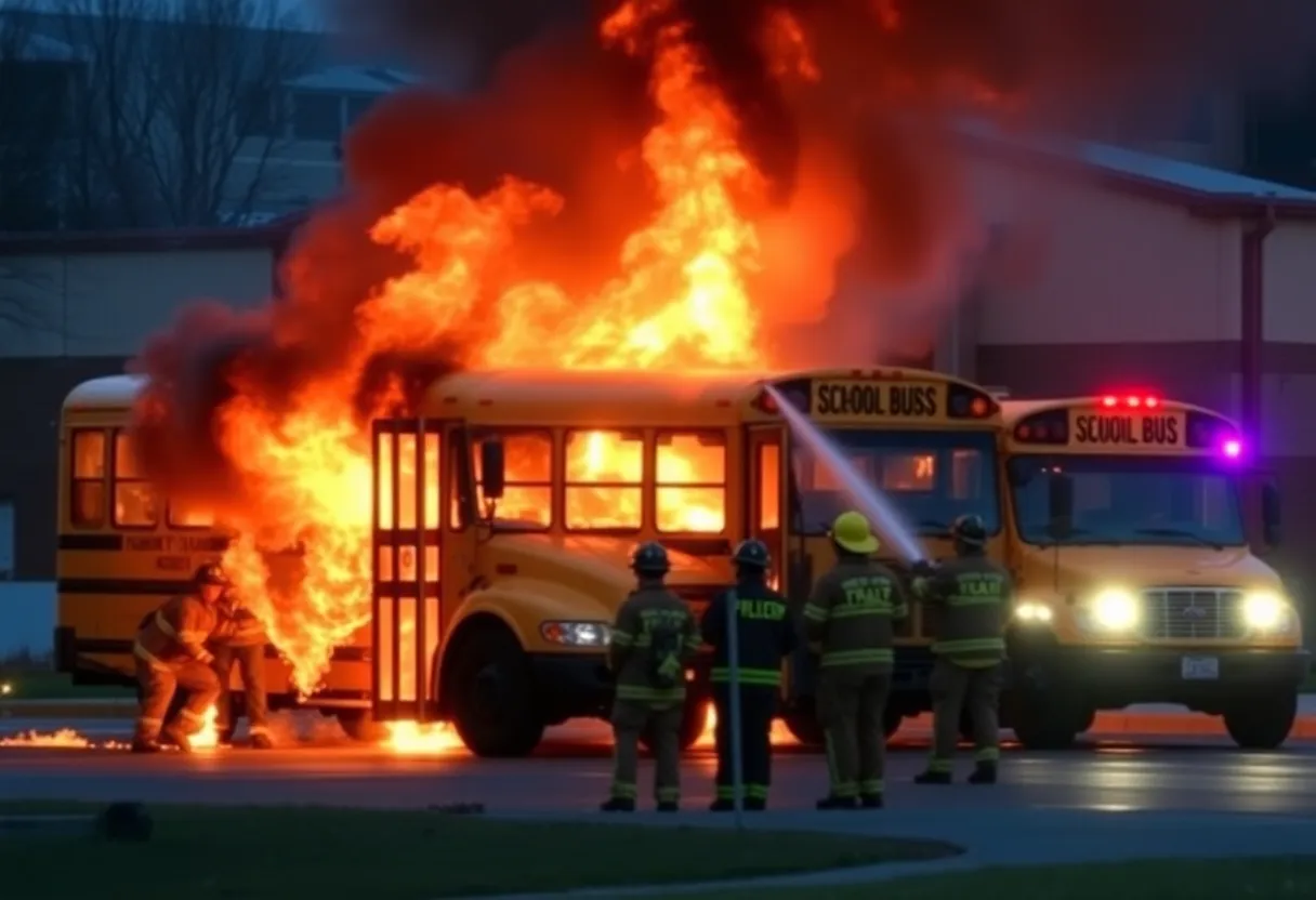 Firefighters extinguishing flames on school buses
