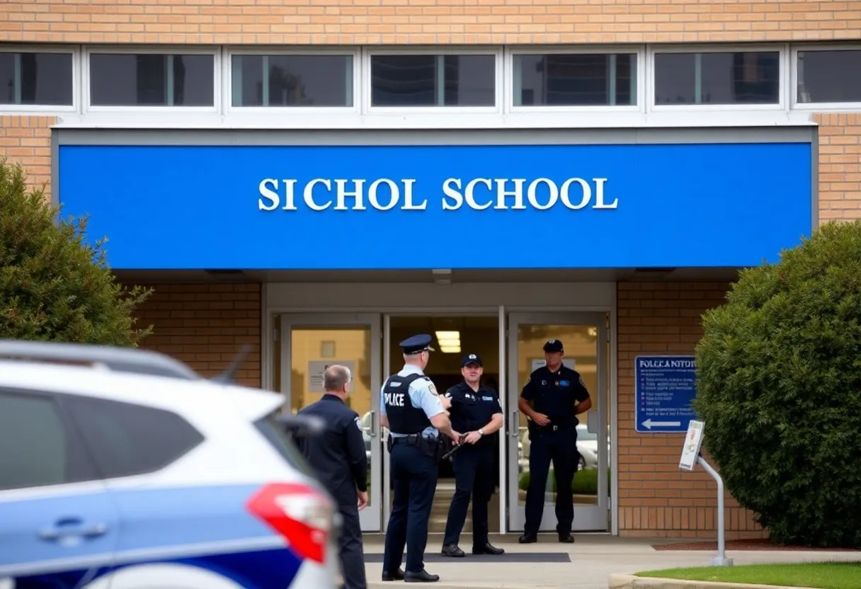 Exterior view of a school with visible security measures
