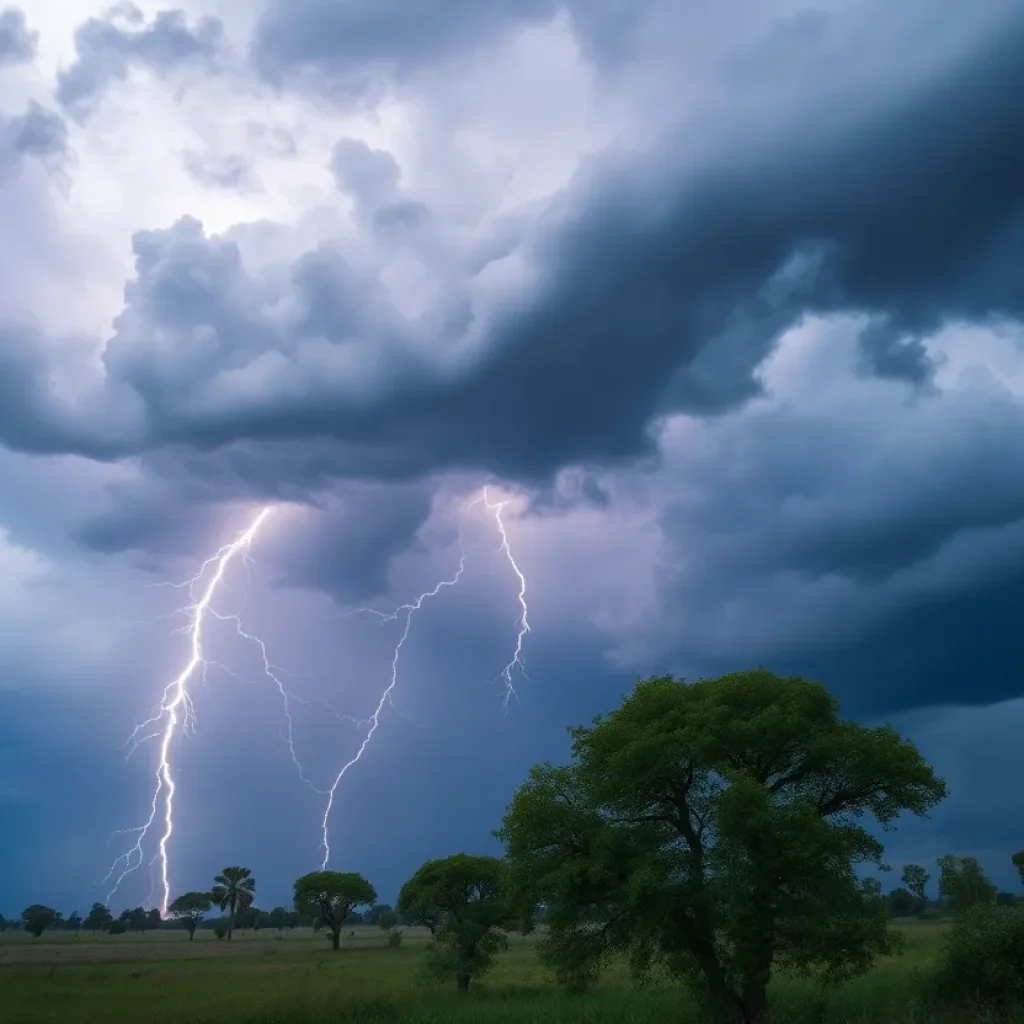 A dark storm cloud over a Southern landscape with lightning strikes