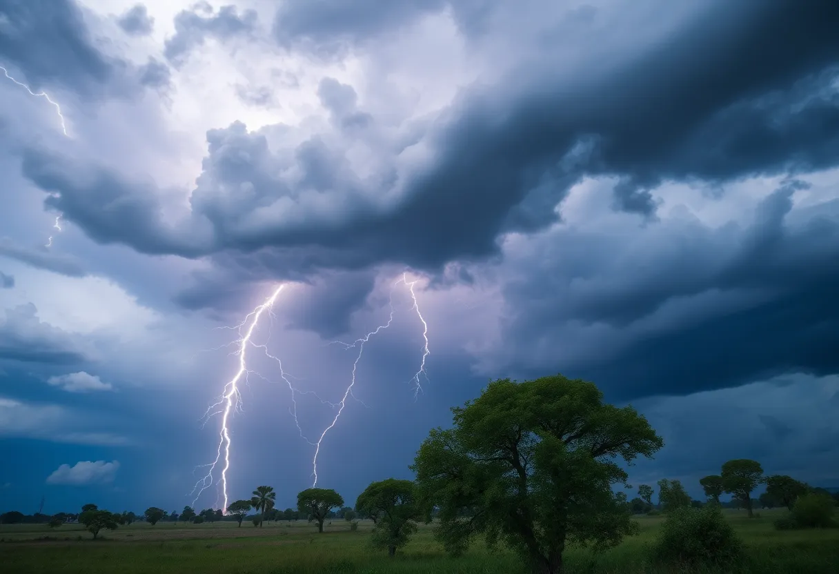 A dark storm cloud over a Southern landscape with lightning strikes
