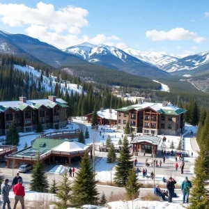 Panoramic view of Snow King Resort with mountains in background