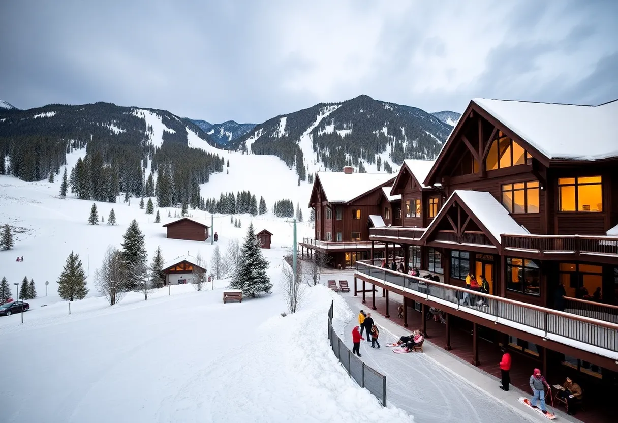 A winter scene of Snow King Resort with snow-covered slopes and the lodge in the background.