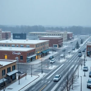 Snowfall in Upstate South Carolina covering streets and buildings