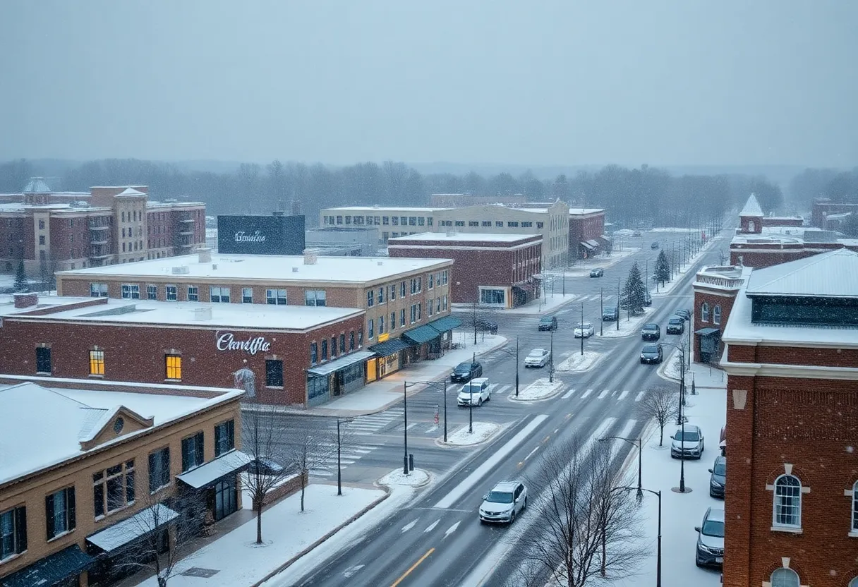 Snowfall in Upstate South Carolina covering streets and buildings
