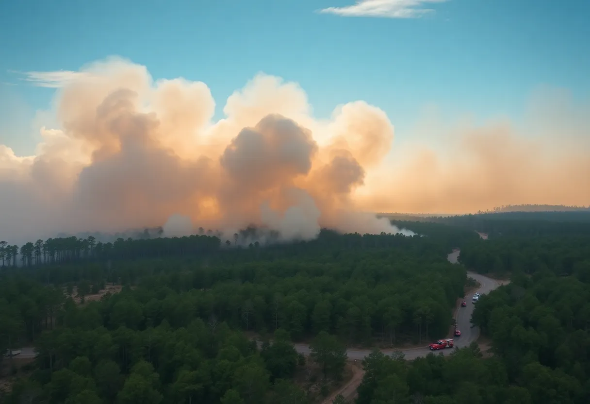 Table Rock Fire burning in the forest of South Carolina with firefighters on the field.