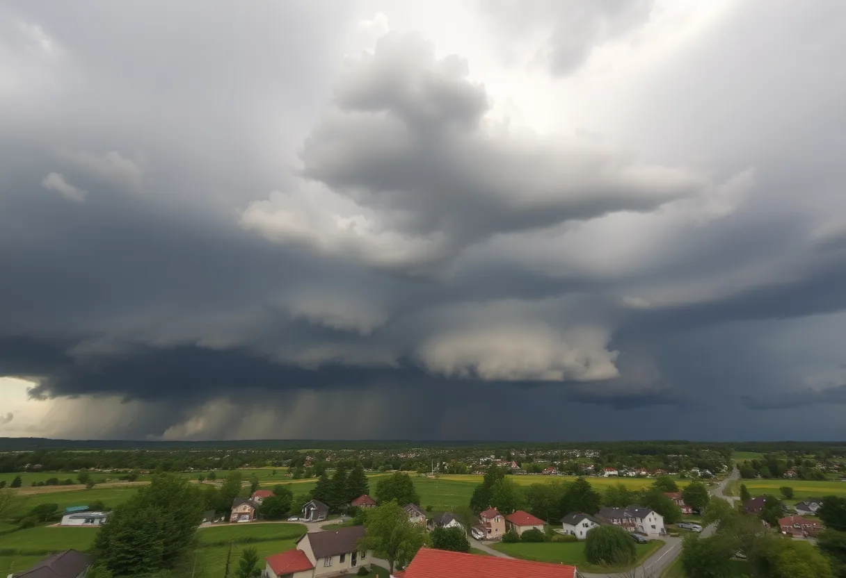 Dark storm clouds over the town of Abbeville