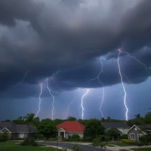 Dramatic thunderstorm approaching a suburban neighborhood