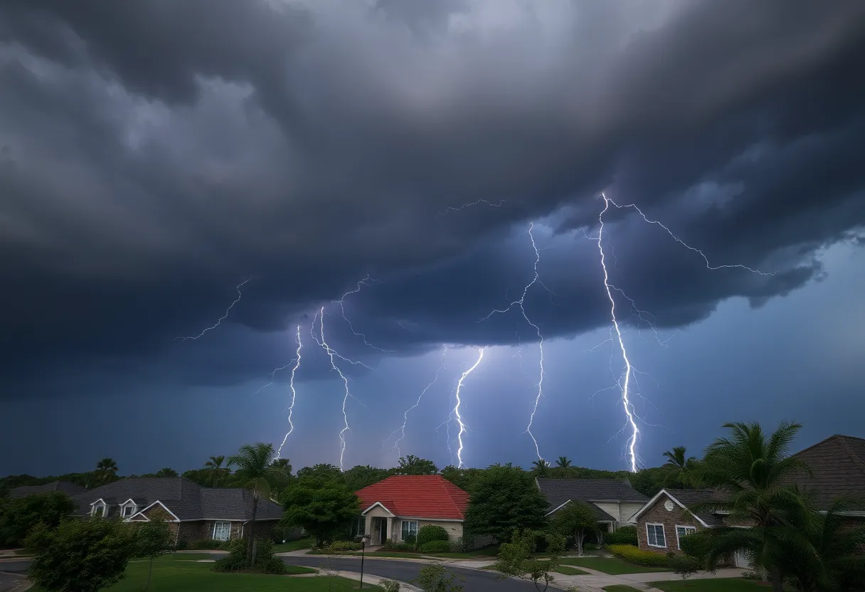 Dramatic thunderstorm approaching a suburban neighborhood
