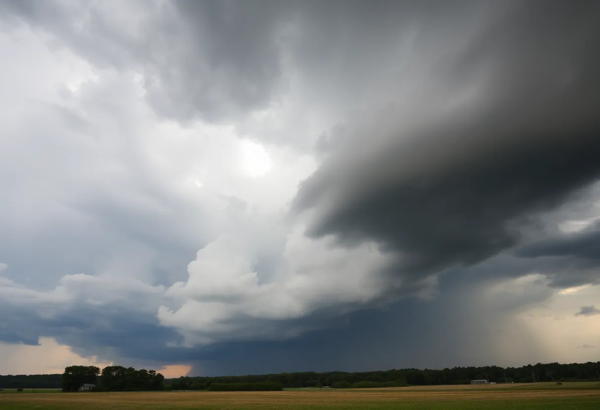 Dark storm clouds with a funnel cloud in a rural area